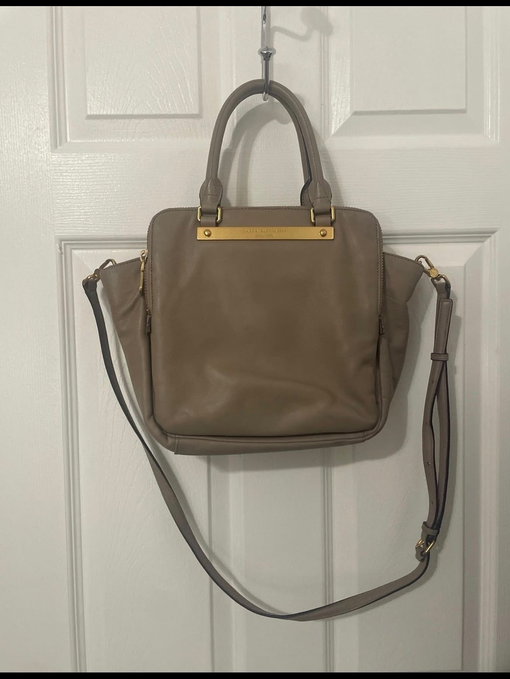 Taupe Leather Top-Handle Shoulder Bag with Gold Accents